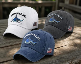 Shark Embroidered Hat, Vintage Washed Dad Cap, Florida Coastal Baseball Cap, American Flag Hat, Ocean Fishing Gift for Men