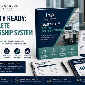 Könnte beinhalten: Ein professionelles Business-Set mit einem Buch mit dem Titel Quality Ready: Complete Leadership System, einem Qualitätsverbesserungs-Projektplan und einem Qualitätskennzahlen-Dashboard, inklusive Diagrammen, Symbolen und Texten.