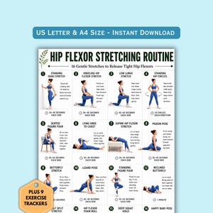 Hip Flexor Stretching Routine Printable Chart, 16 Gentle Stretches to Release Tight Hip Flexors, Hip Stretching PDF Poster