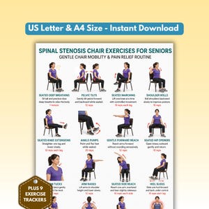Può includere: Un poster didattico bianco intitolato Spinal Stenosis Chair Exercises for Seniors che presenta dodici illustrazioni di una persona con maglietta viola che esegue esercizi di mobilità da seduti, con descrizioni testuali e numero di ripetizioni.