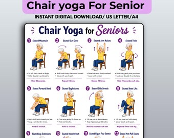 May include: A digital poster titled Chair Yoga for Seniors featuring twelve numbered illustrations of a person in a yellow shirt and blue pants performing seated yoga poses on a wooden chair with instructional text for each exercise.