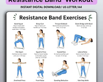 May include: A digital workout chart titled Resistance Band Exercises featuring illustrations of a person in a white top and blue leggings performing twelve different movements with a resistance band, including squats, curls, and rows with text.