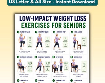 May include: A digital exercise chart titled LOW-IMPACT WEIGHT LOSS EXERCISES FOR SENIORS. It features twelve numbered illustrations of a person performing movements like marching, side steps, and stretches, with text instructions and repetition counts.