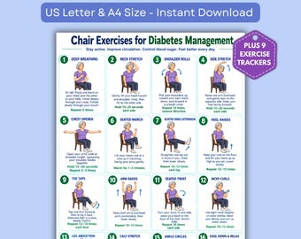 May include: A digital chart titled Chair Exercises for Diabetes Management featuring sixteen numbered illustrations of a person in a purple shirt performing seated exercises, with text instructions and a badge stating Plus 9 Exercise Trackers.