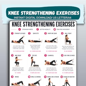 May include: A digital poster titled KNEE STRENGTHENING EXERCISES featuring twelve numbered illustrations of physical therapy movements. Each section includes a graphic of a person performing the exercise, descriptive text, and repetition counts.