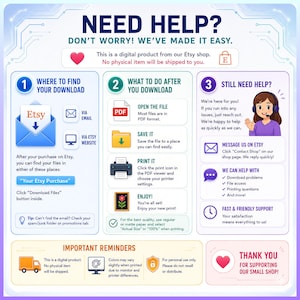 May include: An instructional infographic titled NEED HELP? with three numbered sections explaining how to download, open, and print digital files from Etsy. It includes icons for email, websites, PDF files, and a customer support representative.