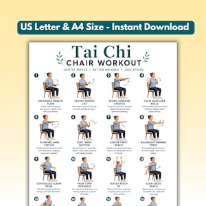 May include: A Tai Chi chair workout instructional poster featuring sixteen numbered illustrations of a person performing seated exercises. The text includes titles like Grounded Breath Flow, Seated Energy Lift, and Rising Horizon Stretch.