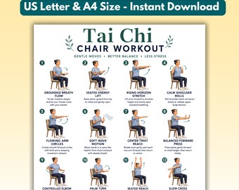 May include: A Tai Chi chair workout instructional poster featuring sixteen numbered illustrations of a person performing seated exercises. The text includes titles like Grounded Breath Flow, Seated Energy Lift, and Rising Horizon Stretch.