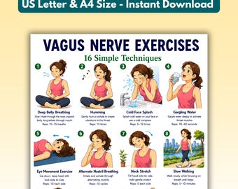 May include: An instructional chart titled Vagus Nerve Exercises 16 Simple Techniques featuring illustrations of a person in a pink tank top performing various wellness activities like deep breathing, humming, cold face splashing, and neck stretches.