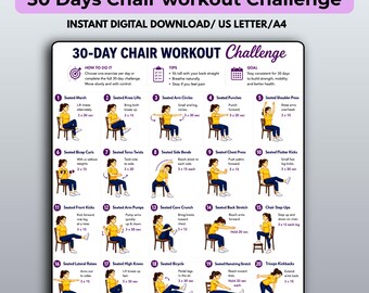 May include: A 30-Day Chair Workout Challenge digital chart featuring twenty-five numbered exercise illustrations. Each section displays a person in a yellow shirt and blue pants performing seated movements on a wooden chair with instructional text.