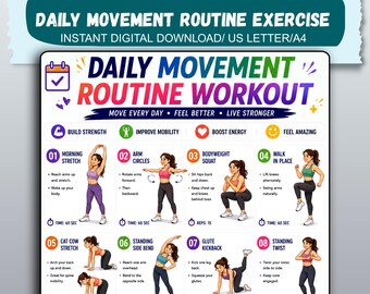 May include: A digital workout chart titled DAILY MOVEMENT ROUTINE WORKOUT featuring twelve numbered exercise illustrations. Each section includes a colorful icon, a specific movement name, and brief instructions for daily physical activity.