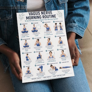 May include: A white informational chart titled Vagus Nerve Morning Routine 16 Gentle Exercises to Reset Your Nervous System. The document features sixteen numbered illustrations of a person in blue clothing performing various wellness movements.