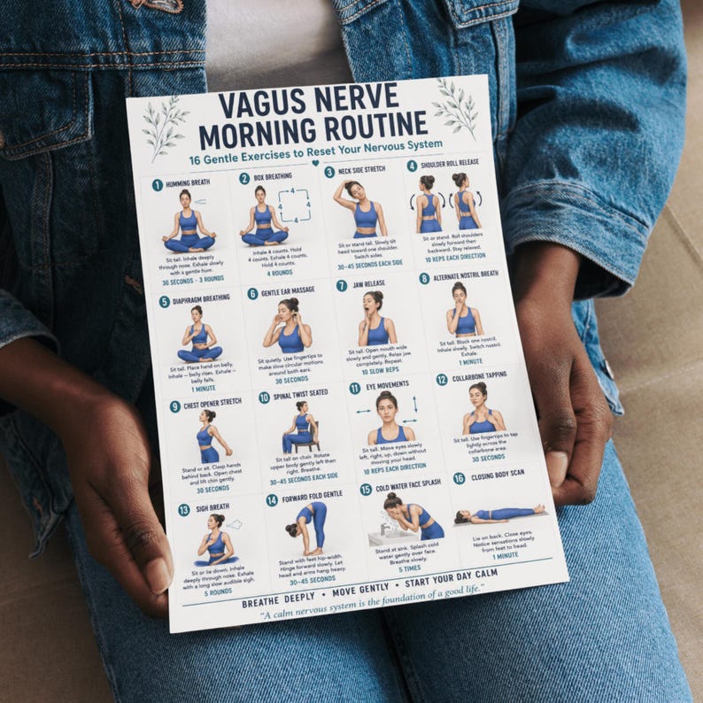 May include: A white informational chart titled Vagus Nerve Morning Routine 16 Gentle Exercises to Reset Your Nervous System. The document features sixteen numbered illustrations of a person in blue clothing performing various wellness movements.