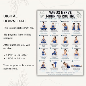May include: A digital printable chart titled Vagus Nerve Morning Routine featuring 16 numbered illustrations of a person in blue athletic wear performing gentle exercises. The text includes instructions for breathing, stretching, and relaxation techniques.
