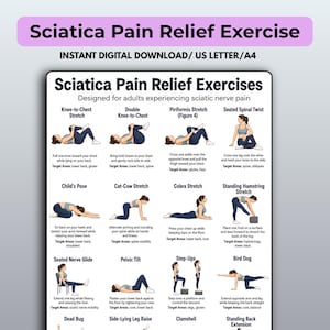 Sciatica Pain Relief Poster, Sciatic Nerve Exercise Chart, Lower Back Stretch Routine, Rehab Therapy Exercises & Mobility Training
