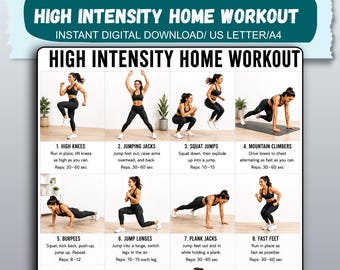 May include: A digital workout chart titled HIGH INTENSITY HOME WORKOUT featuring eight exercise demonstrations including high knees, jumping jacks, squat jumps, mountain climbers, burpees, jump lunges, plank jacks, and fast feet with instructions.