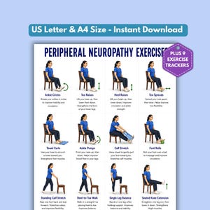 May include: A digital chart titled Peripheral Neuropathy Exercises featuring twelve illustrations of a person in a blue shirt performing seated and standing movements. The document includes text instructions for each exercise and a purple badge stating Plus 9 Exercise Trackers.