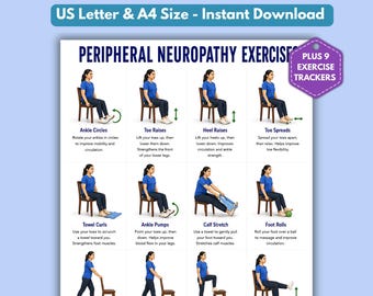 May include: A digital chart titled Peripheral Neuropathy Exercises featuring twelve illustrations of a person in a blue shirt performing seated and standing movements. The document includes text instructions for each exercise and a purple badge stating Plus 9 Exercise Trackers.