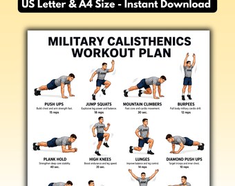 May include: A digital workout chart titled MILITARY CALISTHENICS WORKOUT PLAN featuring illustrations of individuals performing exercises like push ups, jump squats, mountain climbers, burpees, plank holds, high knees, lunges, and diamond push ups.