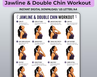 Jawline Double Chin Workout Poster, Face Yoga Exercise Chart (Digital Download)