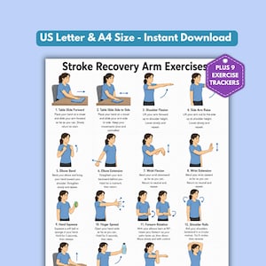 May include: A digital chart titled Stroke Recovery Arm Exercises featuring twelve illustrated steps with a person in a blue shirt demonstrating movements. Includes text US Letter & A4 Size - Instant Download and a purple badge stating PLUS 9 EXERCISE TRACKERS.
