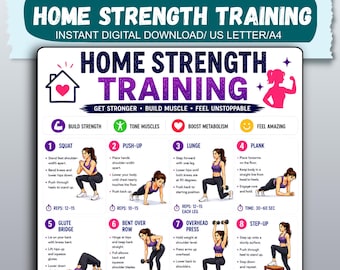 May include: A digital home strength training workout chart featuring the title HOME STRENGTH TRAINING and illustrations of eight exercises including squats, push-ups, lunges, planks, glute bridges, rows, overhead presses, and step-ups with instructions.