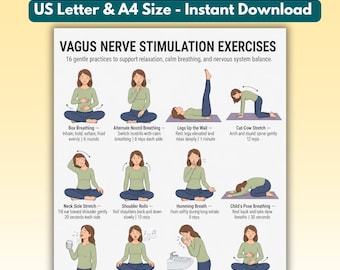 May include: A digital chart titled Vagus Nerve Stimulation Exercises featuring 16 illustrations of a person in a green long-sleeve shirt and blue pants performing various relaxation techniques, including breathing, stretching, and cold water splashing.