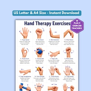 Könnte beinhalten: Ein digitales Plakat mit dem Titel Hand Therapy Exercises, das zwölf nummerierte Abbildungen von Hand- und Handgelenksübungen zeigt. Das Dokument enthält Anleitungen, ein violettes Abzeichen mit der Aufschrift PLUS 9 EXERCISE TRACKERS und einen Hinweis auf US Letter & A4 Size.