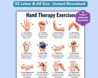 May include: A digital chart titled Hand Therapy Exercises featuring twelve numbered illustrations of hand and wrist movements. The document includes text instructions for each exercise, a purple badge stating PLUS 9 EXERCISE TRACKERS, and a header indicating US Letter & A4 Size.