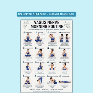 May include: A Vagus Nerve Morning Routine chart featuring 16 numbered exercise illustrations with text instructions. The poster displays a person in blue athletic wear performing various movements, with the title Vagus Nerve Morning Routine at the top.
