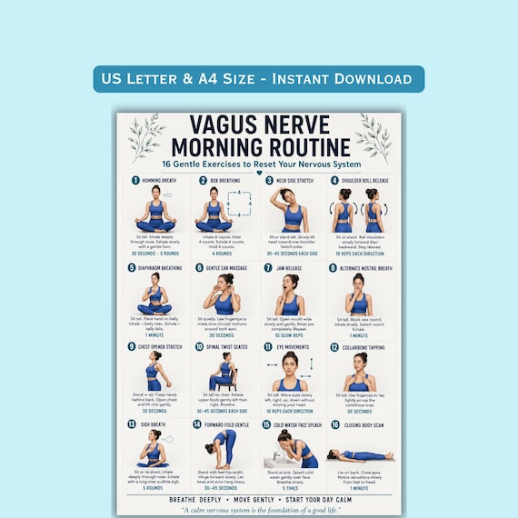 Vagus Nerve Morning Routine Printable PDF | 16 Gentle Exercises to Reset Your Nervous System Daily Breathwork & Movement Chart for Beginners