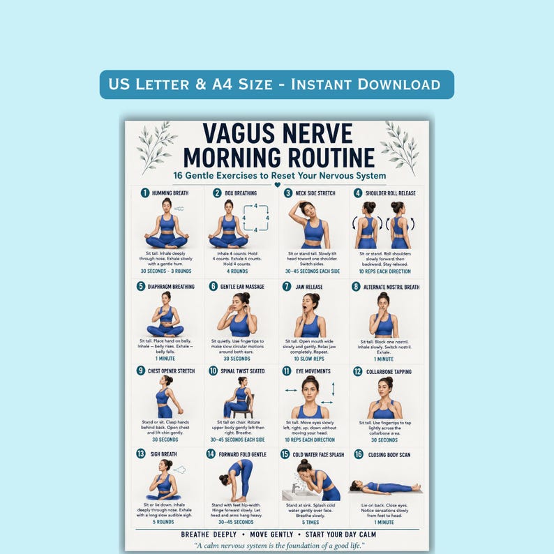 May include: A Vagus Nerve Morning Routine chart featuring 16 numbered exercise illustrations with text instructions. The poster displays a person in blue athletic wear performing various movements, with the title Vagus Nerve Morning Routine at the top.