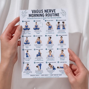 May include: A white informational chart titled Vagus Nerve Morning Routine featuring 16 numbered illustrations of exercises to reset the nervous system. Each section includes a blue-clad figure demonstrating movements with descriptive text instructions.