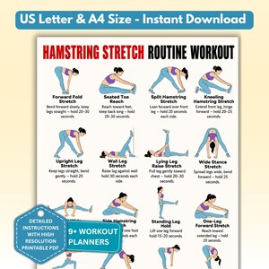 Può includere: Un poster di allenamento intitolato Hamstring Stretch Routine Workout con dodici illustrazioni di una persona in abbigliamento sportivo viola e blu che esegue vari allungamenti con istruzioni testuali, disponibile in formato US Letter e A4.