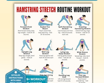 May include: A printable workout chart titled Hamstring Stretch Routine Workout featuring twelve illustrations of a person in purple and blue athletic wear performing various stretches with text instructions for each movement, available in US Letter and A4 size.