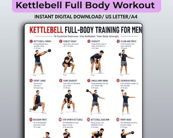 May include: A digital workout chart titled Kettlebell Full Body Workout featuring 16 exercise illustrations with instructions. The poster displays various movements like swings, squats, and deadlifts, detailing rep counts for each exercise.