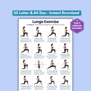 May include: A white instructional poster titled Lunge Exercise with the subtitle Category: Lower Body Strength & Functional Training. It features sixteen numbered illustrations of a person performing various lunge movements with text descriptions.