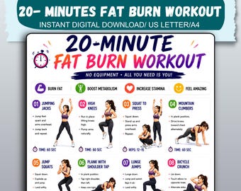May include: A digital workout chart titled 20-MINUTE FAT BURN WORKOUT featuring eight numbered exercise illustrations including jumping jacks, high knees, squat to press, mountain climbers, jump squats, plank with shoulder tap, lunge jumps, and bicycle crunch.