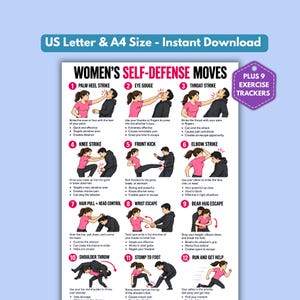 May include: An instructional poster titled SELF-DEFENSE MOVES featuring twelve numbered illustrations of self-defense techniques. Each section includes a pink-shirted figure demonstrating moves like palm heel strikes, kicks, and escapes against an attacker.