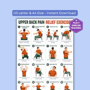 May include: An instructional chart titled Upper Back Pain Relief Exercises featuring sixteen numbered illustrations of individuals performing various stretches and movements, with text labels for each exercise and a purple badge stating Plus 9 Exercise Trackers.