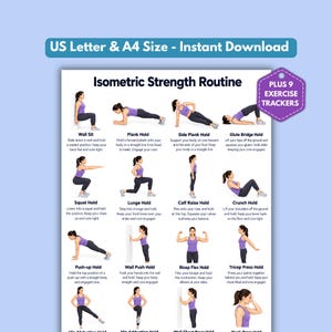 May include: A white informational poster titled Isometric Strength Routine featuring twelve illustrations of a person in purple athletic wear performing various exercises with descriptive text instructions for each movement and a purple badge stating PLUS 9 EXERCISE TRACKERS.
