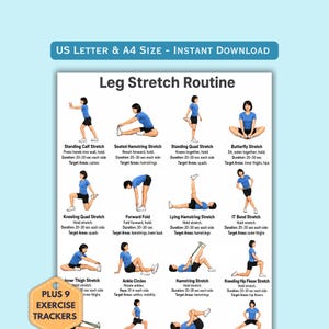 Puede incluir: Un cartel de ejercicios Leg Stretch Routine con doce ilustraciones de personas realizando varios estiramientos. El texto incluye nombres de ejercicios, instrucciones, duraciones y áreas objetivo. Una insignia indica Plus 9 Exercise Trackers.