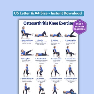 Op de afbeelding: Een digitale kaart getiteld Osteoarthritis Knee Exercises met twaalf genummerde illustraties van een persoon die fysiotherapeutische bewegingen uitvoert. Het document bevat tekstinstructies en een paarse badge met de tekst PLUS 9 EXERCISE TRACKERS.