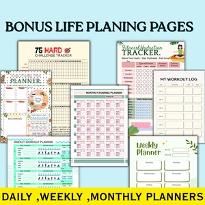 May include: A collection of printable planner pages titled BONUS LIFE PLANING PAGES and DAILY, WEEKLY, MONTHLY PLANNERS. The sheets include a 75 Hard Challenge tracker, a Fitness & Hydration Tracker, a Daily Healthy Plate Planner, a Monthly Running Planner, a My Workout Log, a Weekly Workout Planner, and a Weekly Planner with various grids, checkboxes, and text fields.