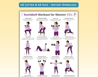 Dumbbell Workout for Women 40+, Full Body Dumbbell Exercises Chart, Home Workout with Dumbbells, Printable Exercise Poster PDF for Women