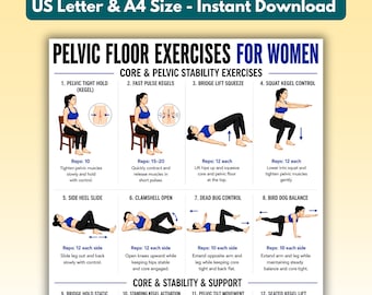 May include: A digital instructional poster titled Pelvic Floor Exercises for Women, featuring twelve numbered illustrations of a person in a blue top and black leggings performing various core and pelvic stability movements with text instructions.