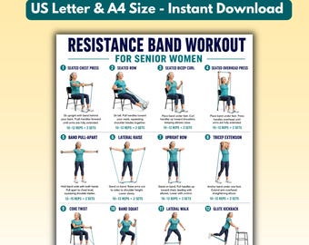 May include: A digital workout chart titled Resistance Band Workout for Senior Women, featuring twelve numbered illustrations of exercises using resistance bands. The text includes US Letter & A4 Size - Instant Download at the top of the page.