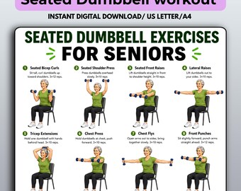 May include: A digital workout chart titled Seated Dumbbell Exercises for Seniors. It features twelve numbered illustrations of a person in a green shirt and black pants sitting on a chair, demonstrating various dumbbell exercises with instructions.