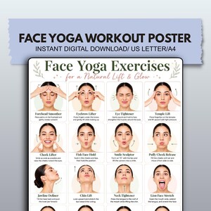 Könnte beinhalten: Ein Gesichtsyoga-Trainingsposter mit zwölf Anleitungsfeldern und Illustrationen von Gesichtsübungen. Der Text enthält "Face Yoga Workout Poster", "Face Yoga Exercises for a Natural Lift & Glow" sowie spezifische Übungsnamen.