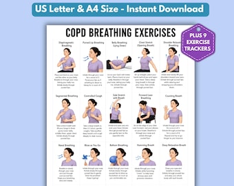May include: A white informational chart titled COPD BREATHING EXERCISES featuring twenty illustrated panels with instructions for various breathing techniques, including text labels for each exercise and a purple badge stating PLUS 9 EXERCISE TRACKERS.